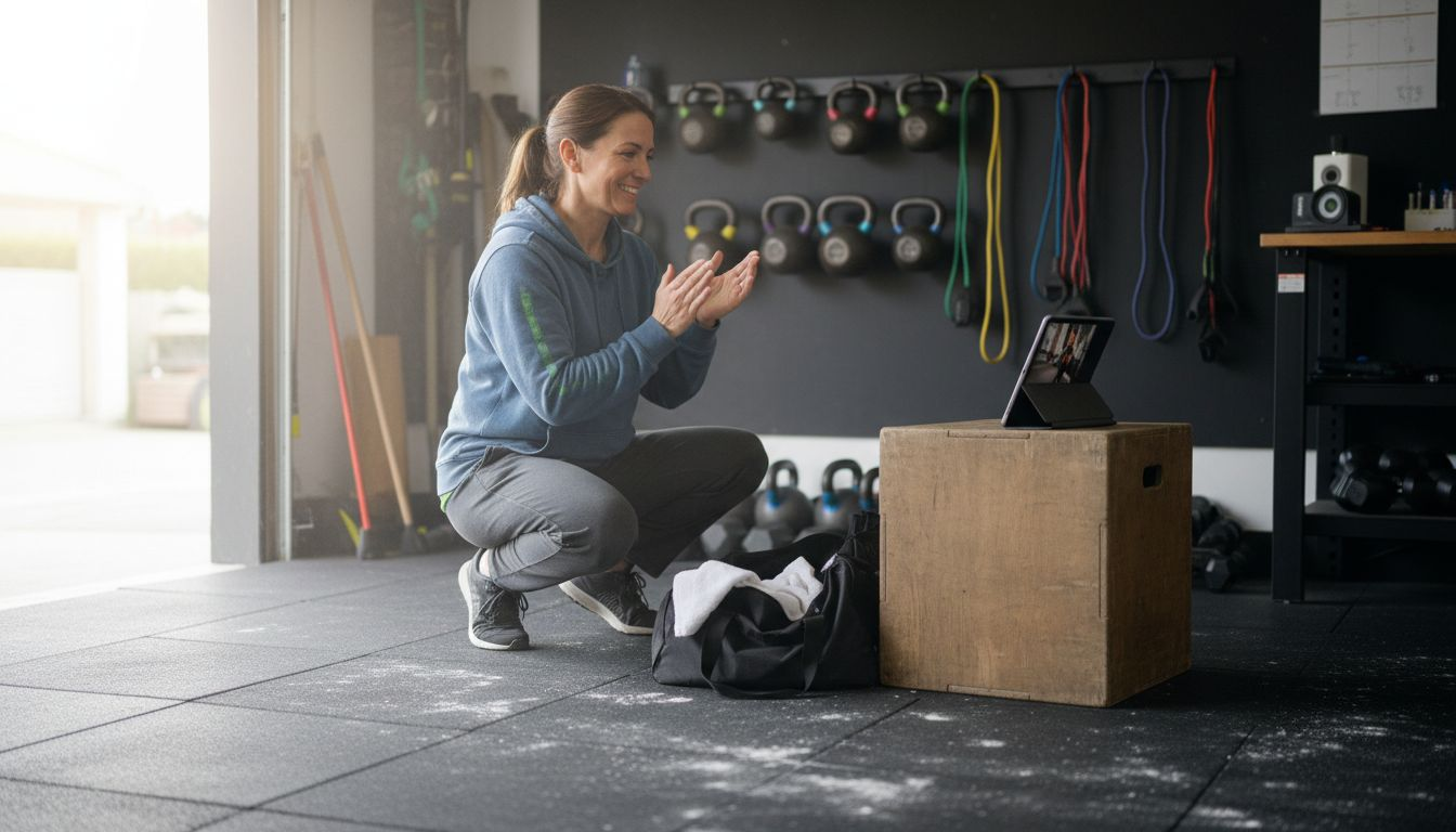 Coach leading virtual session in garage gym