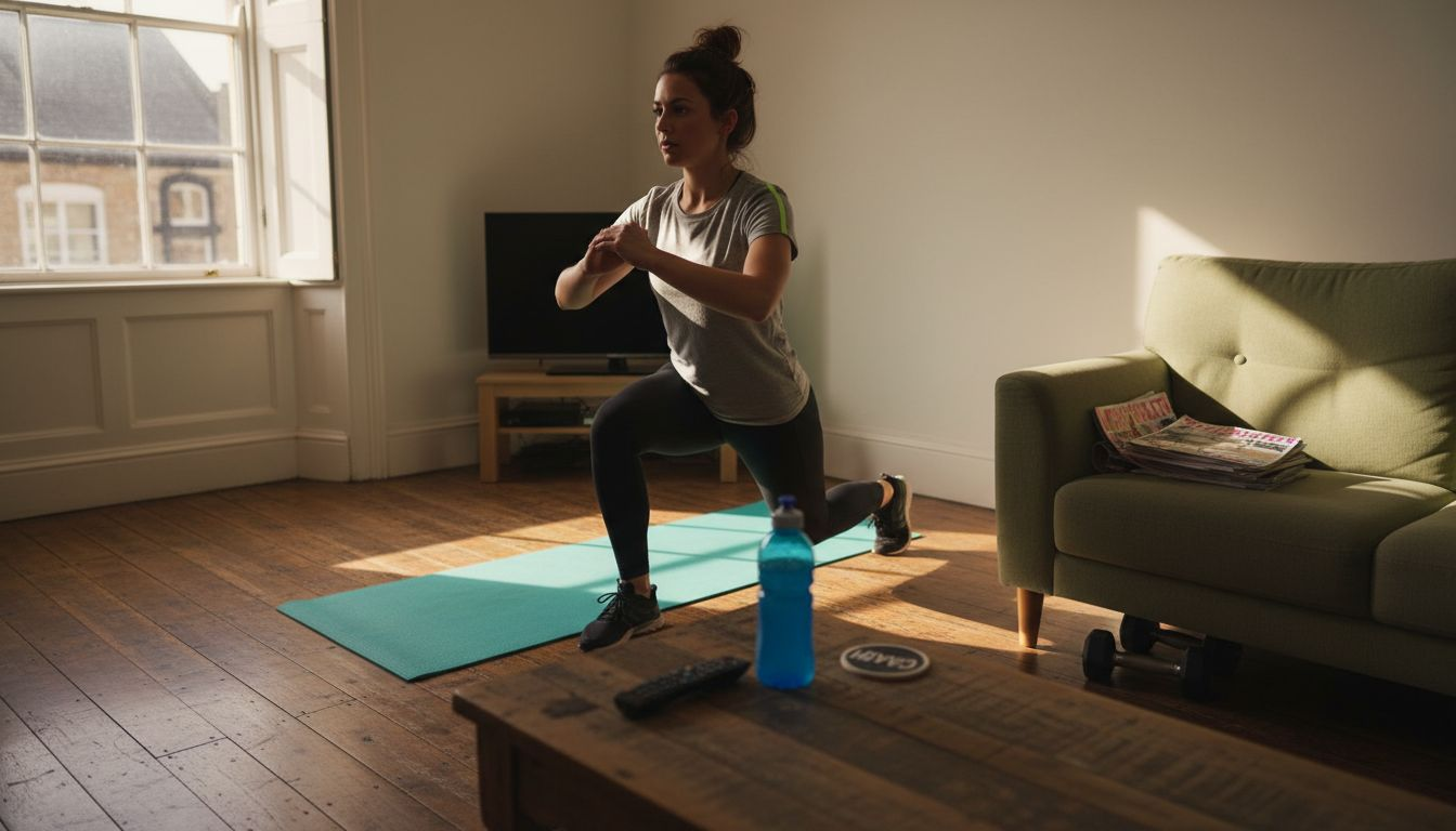 Woman doing lunges in home living room
