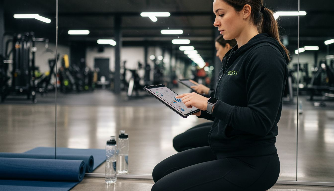 Trainer tracking progress on gym tablet