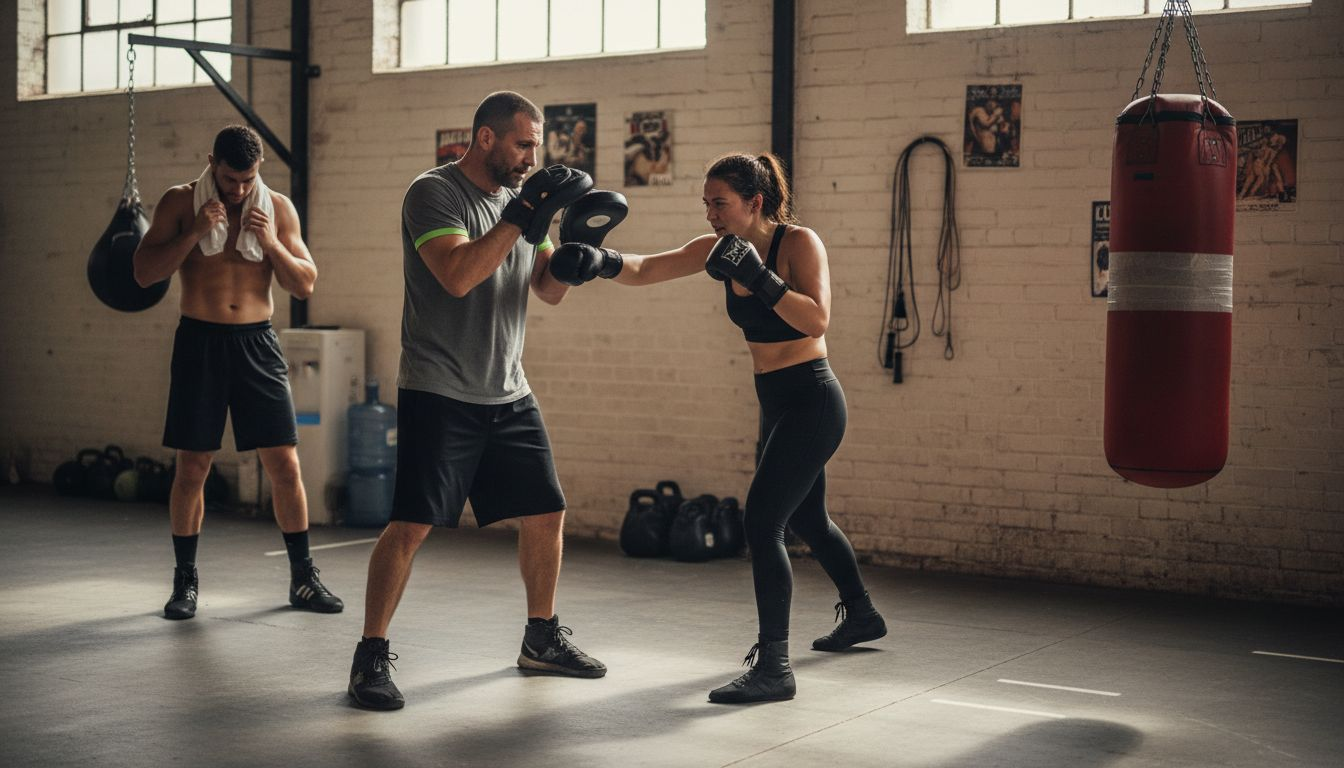Boxing coach leading focus mitt drill in gym