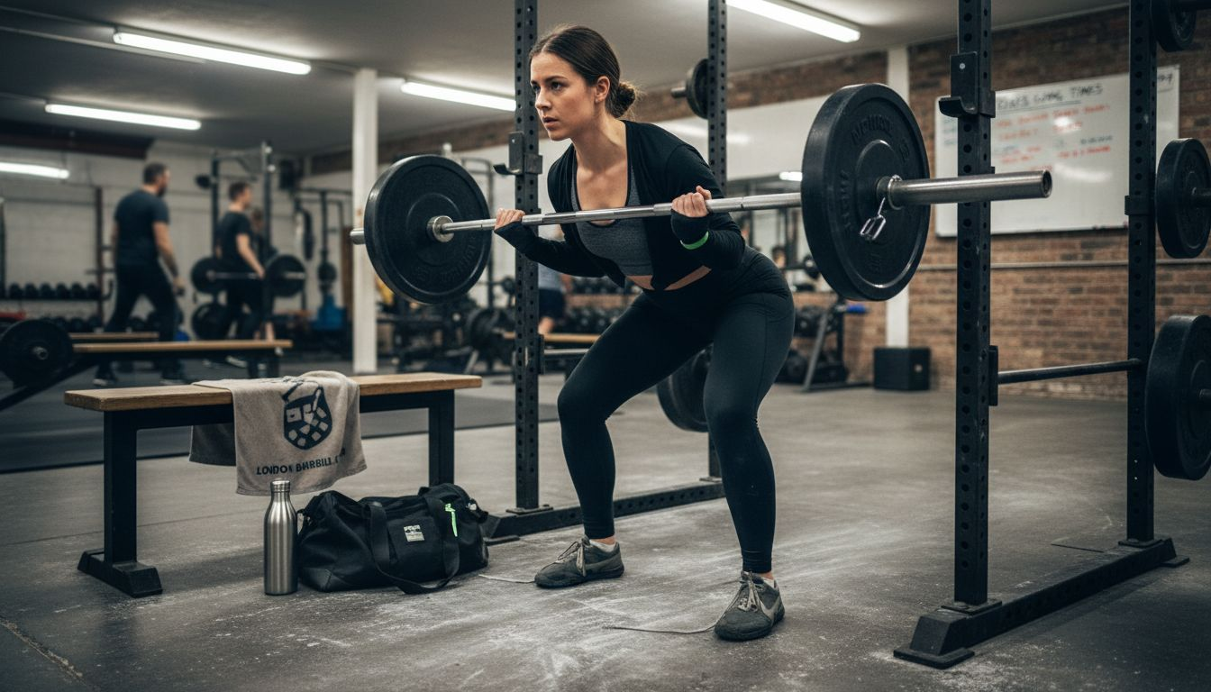 Woman preparing for barbell squat in gym