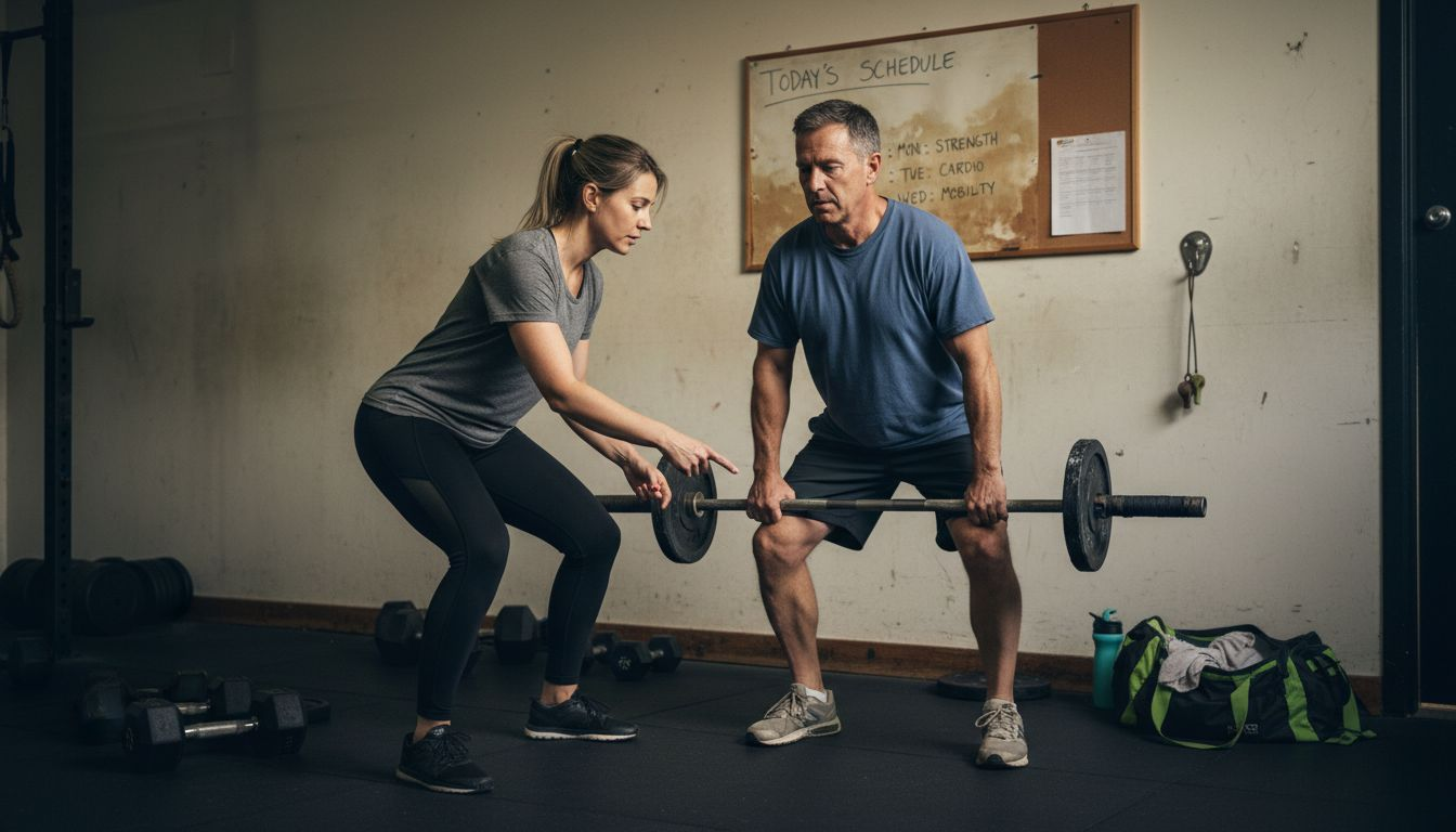 Trainer teaching squat technique to client