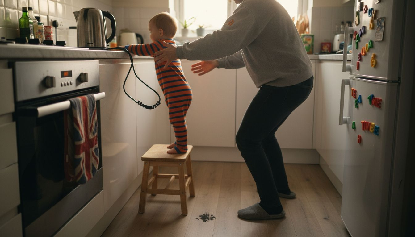 Toddler reaching for unsafe kitchen appliance