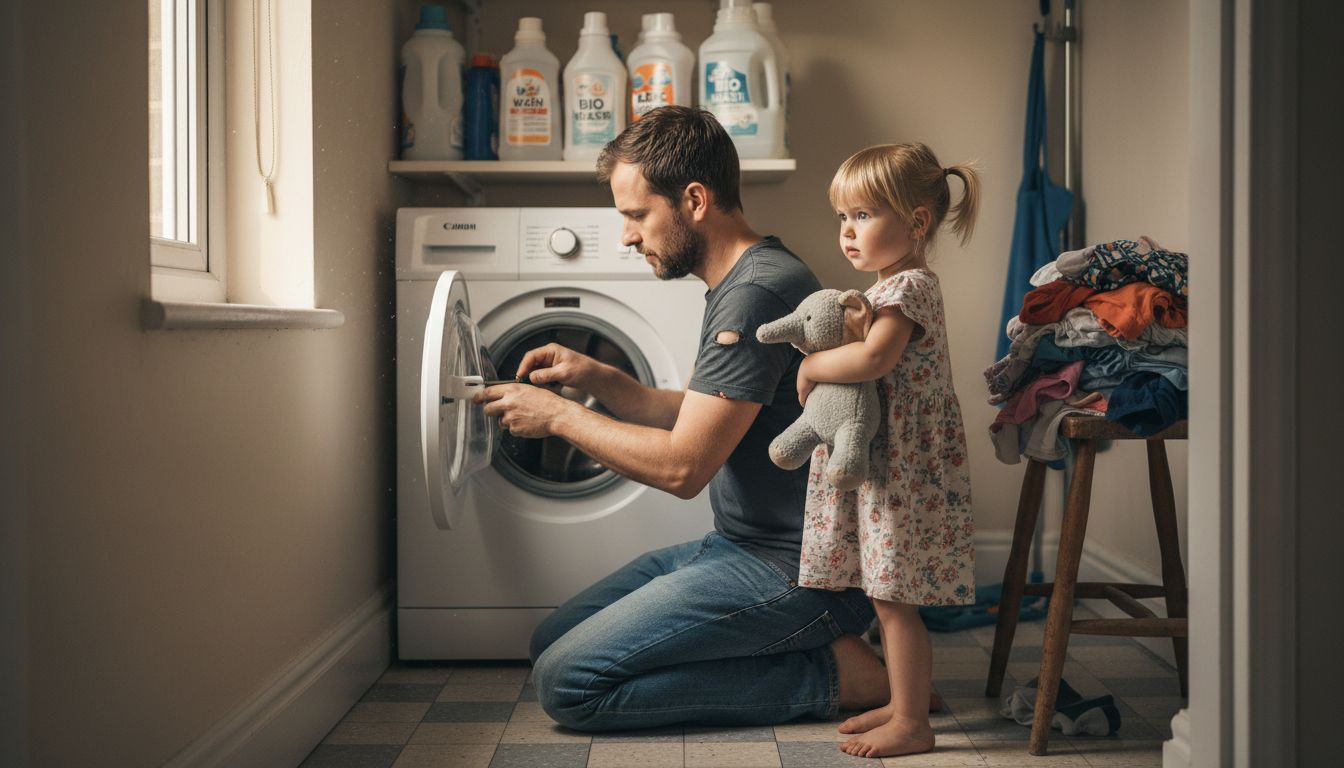 Father installing safety lock on washing machine