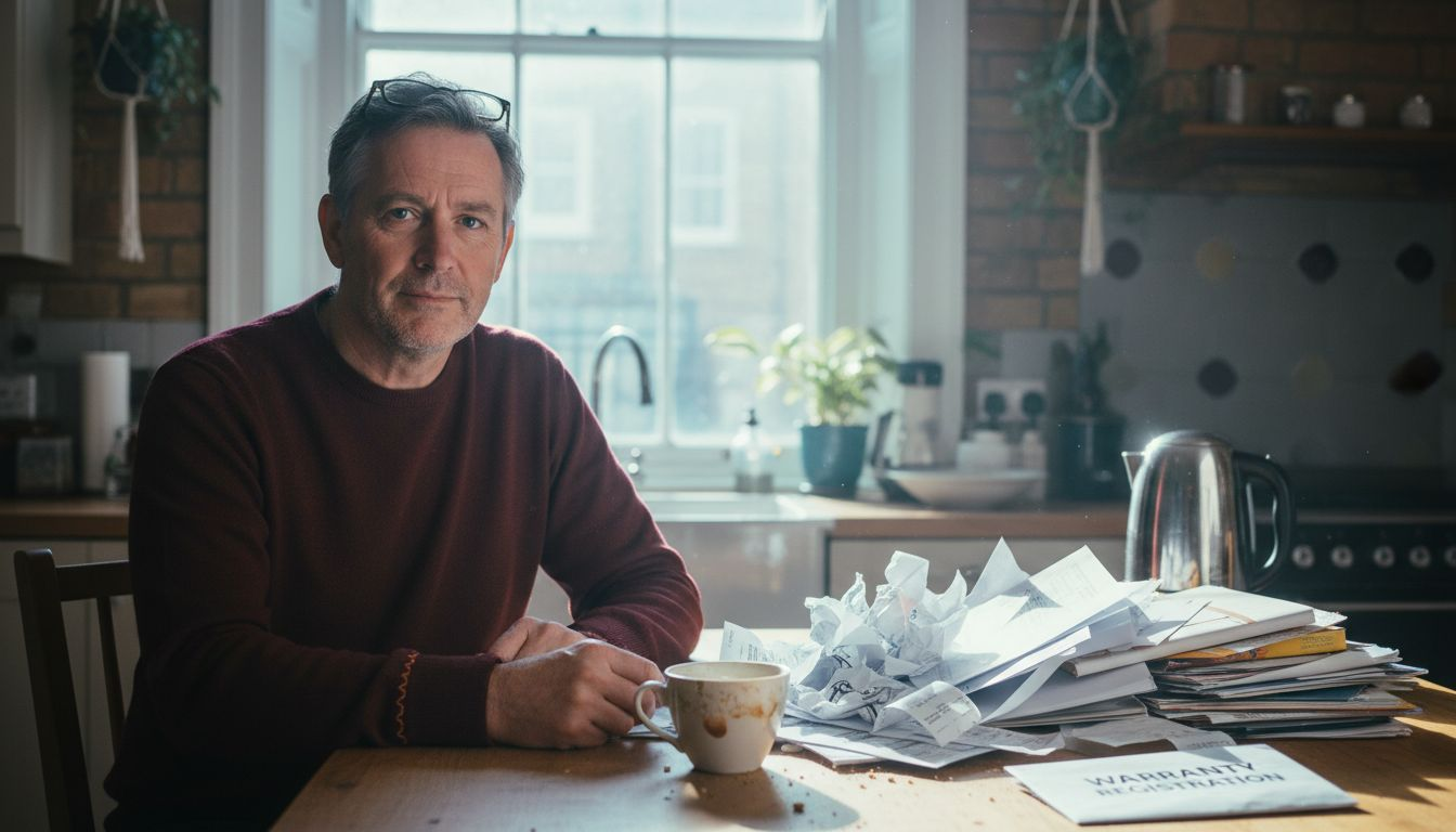 Homeowner reviewing appliance warranty papers kitchen