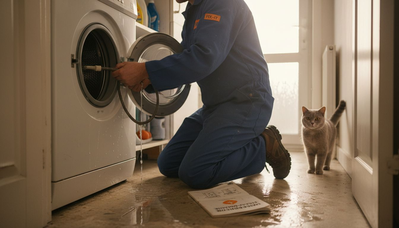 Technician inspecting washing machine for misuse signs