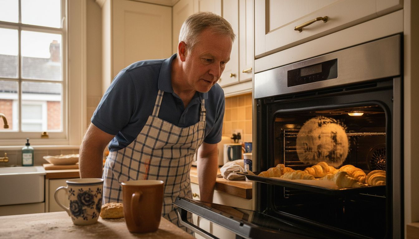 Home cook checking pastries in electric oven