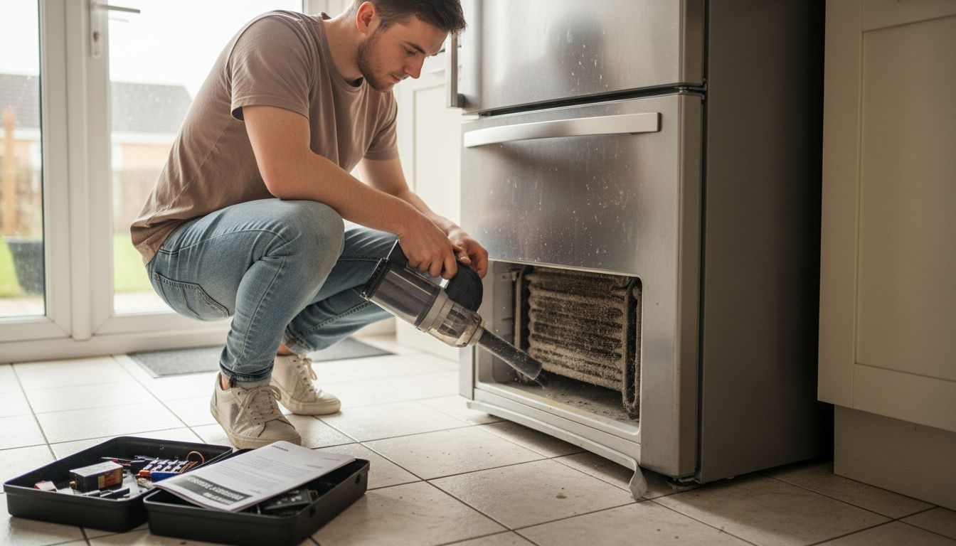 Man cleaning refrigerator maintenance coils