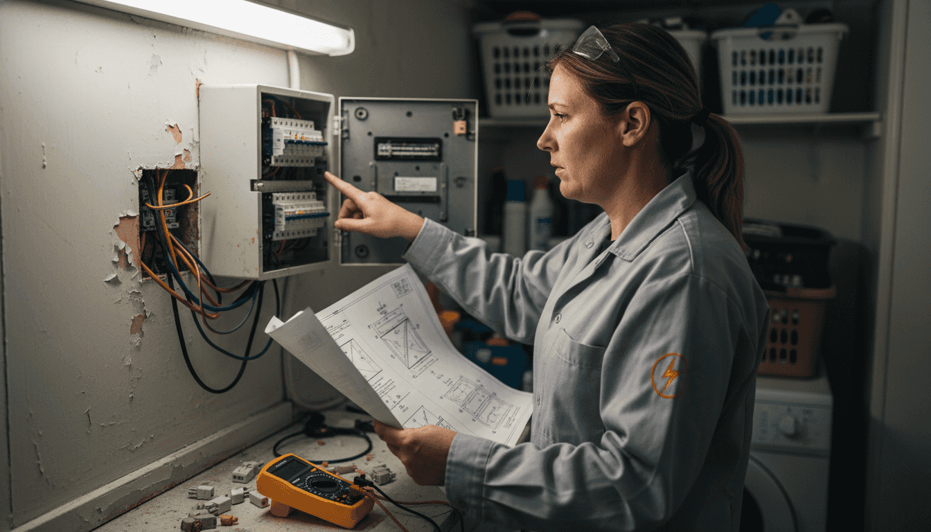 Electrician checks oven circuit installation wiring