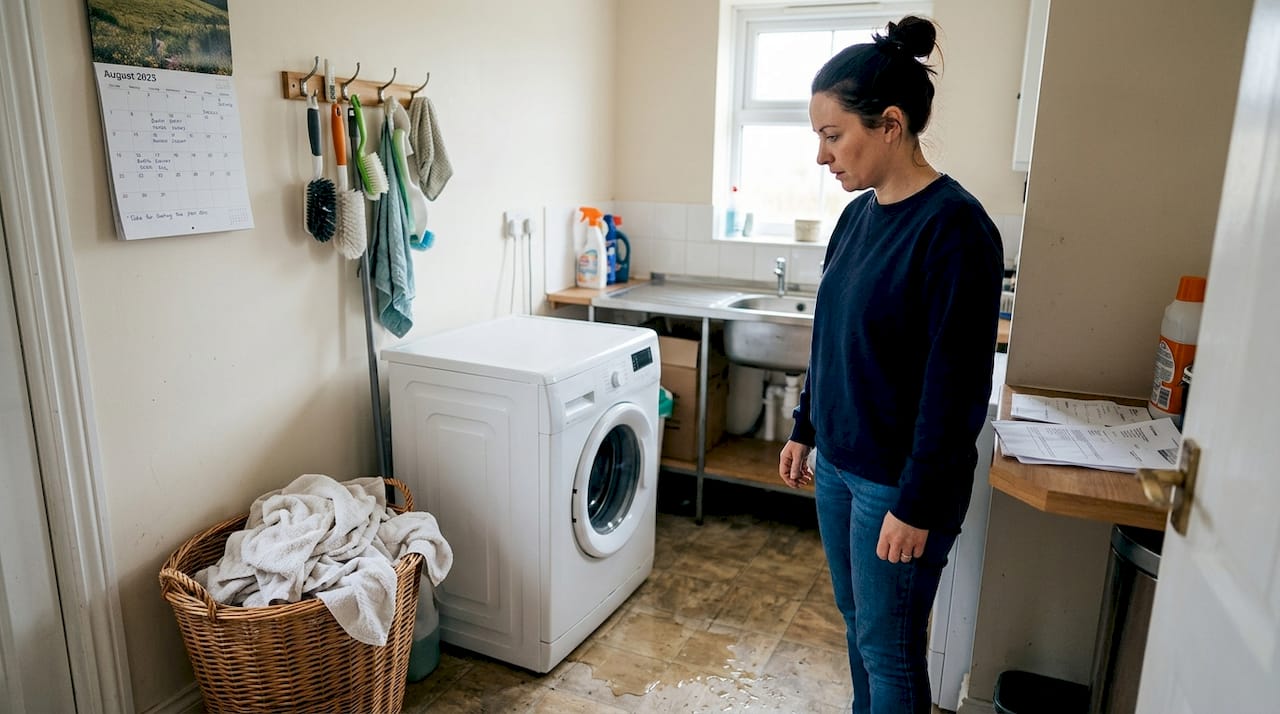 Woman observing washing machine leak in utility room