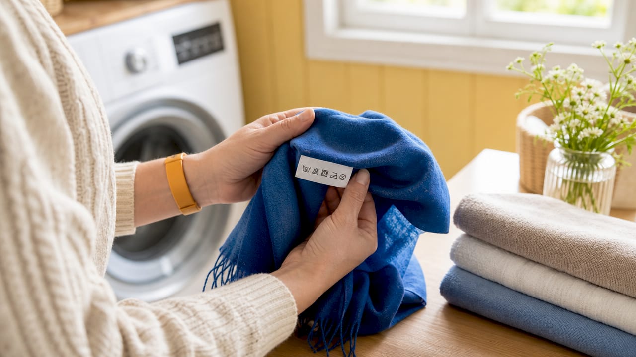 Hands holding shirt with washing symbol label