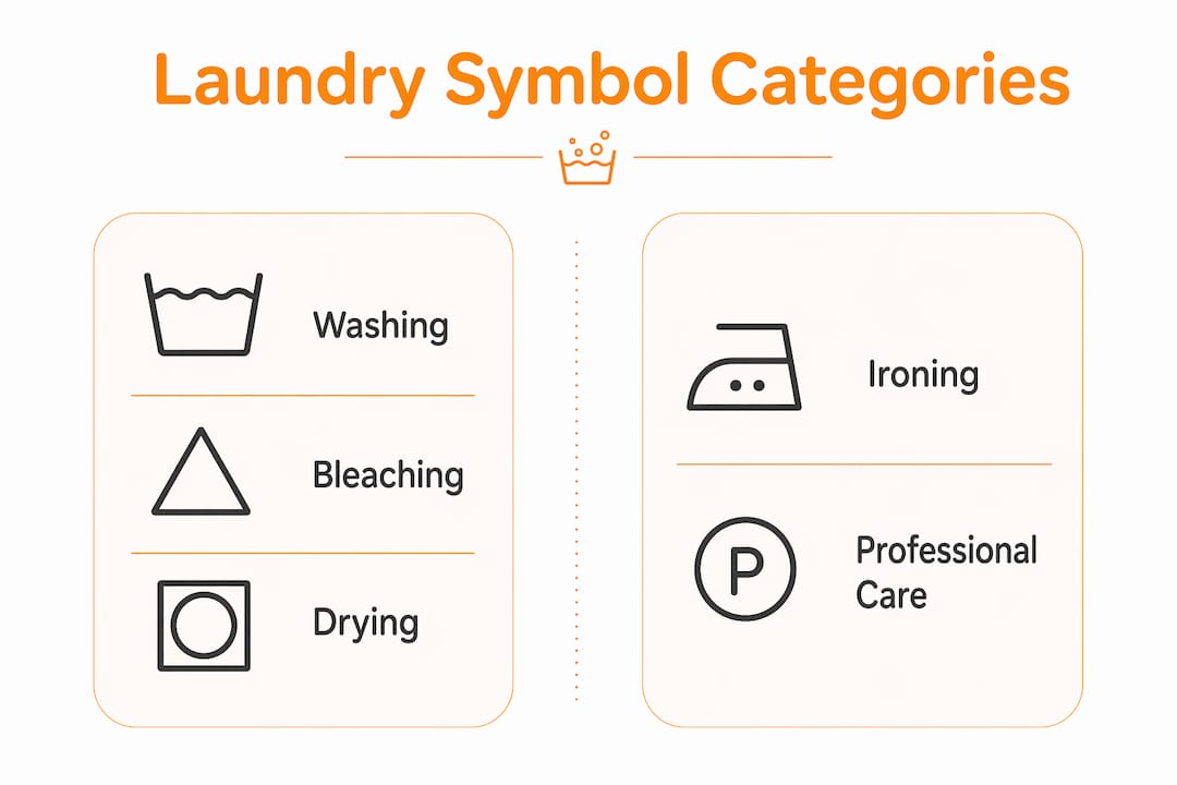 Infographic illustrating laundry symbol categories split in two groups