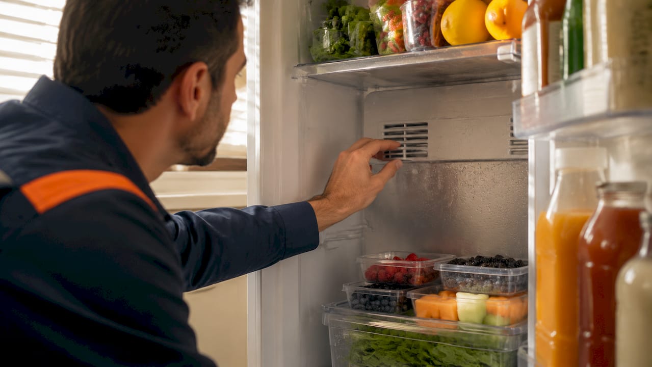 Close-up of fridge vents with hand adjusting airflow