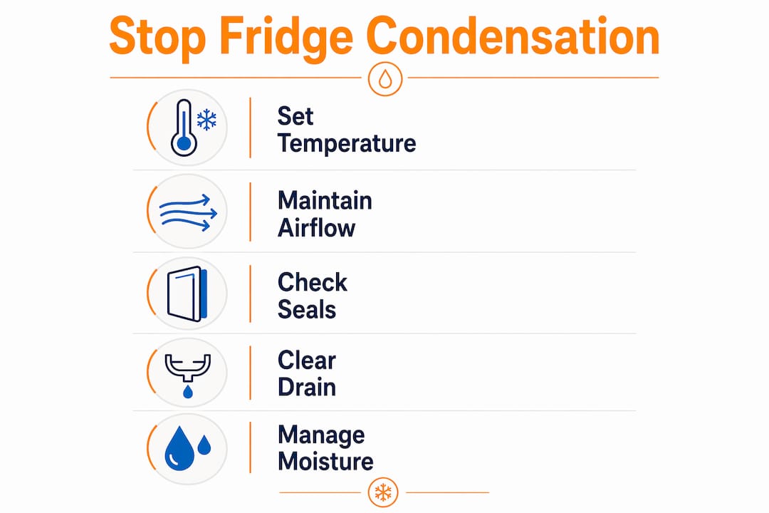 Infographic outlining steps to stop fridge condensation