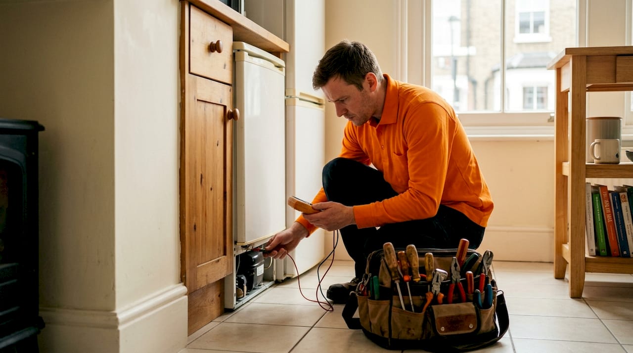 Technician diagnosing fridge in London home