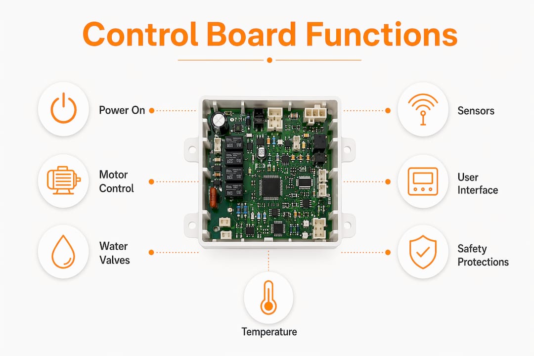 Infographic showing washing machine control board functions