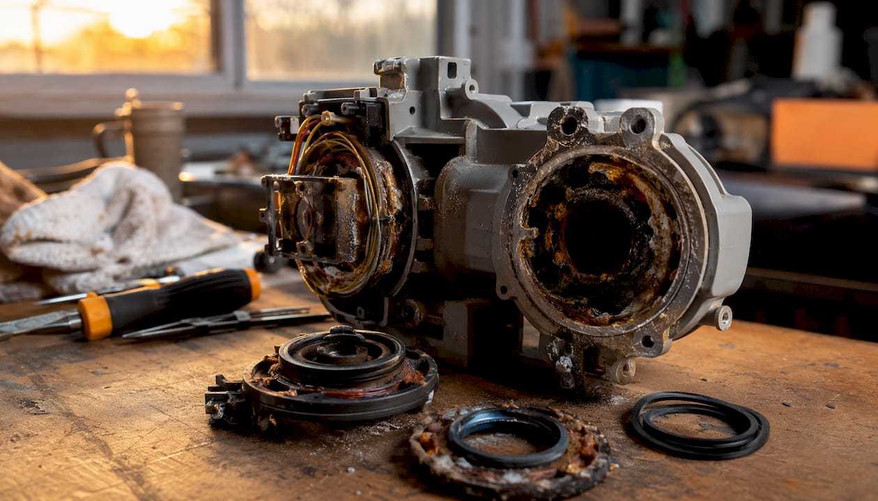 Close-up of corroded dishwasher pump seal and motor