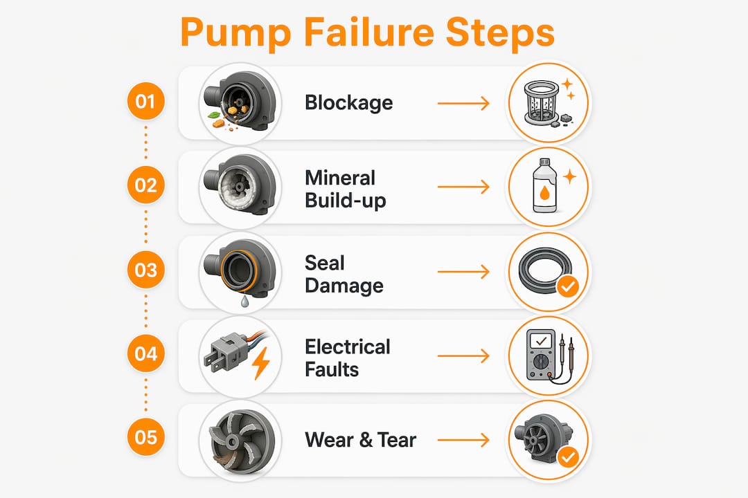 Infographic showing steps of dishwasher pump failure causes