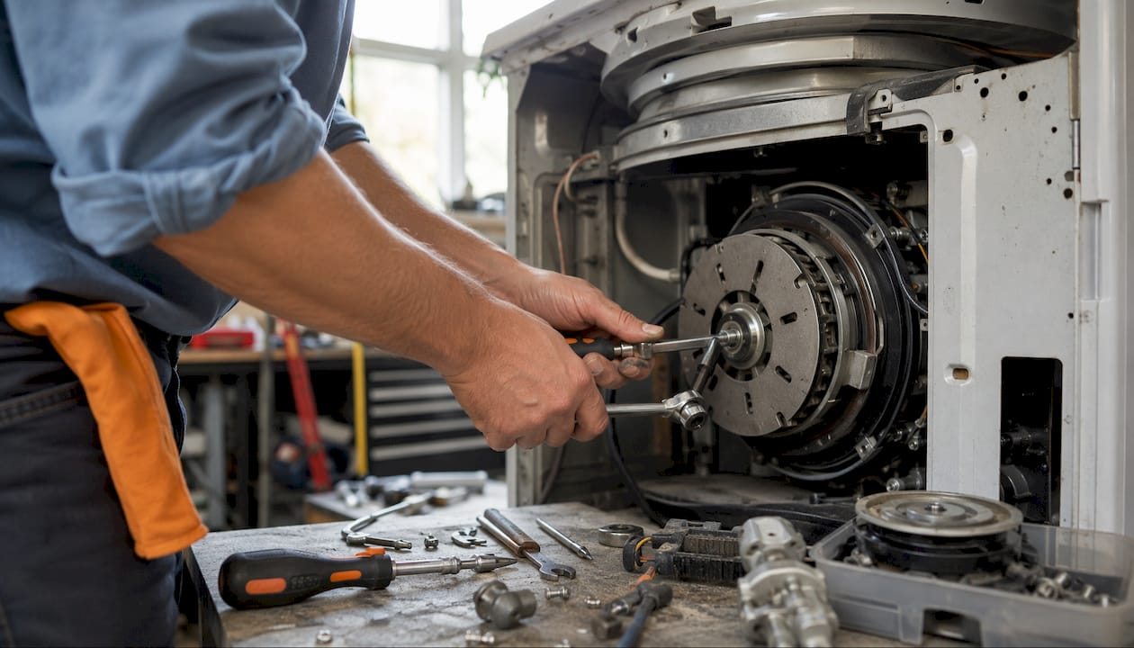 Technician replacing washing machine clutch