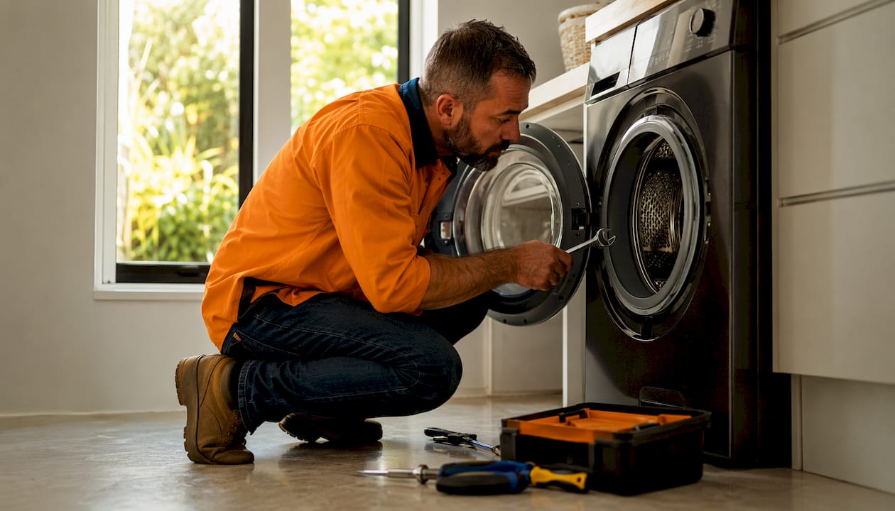 Man repairing washing machine spin cycle