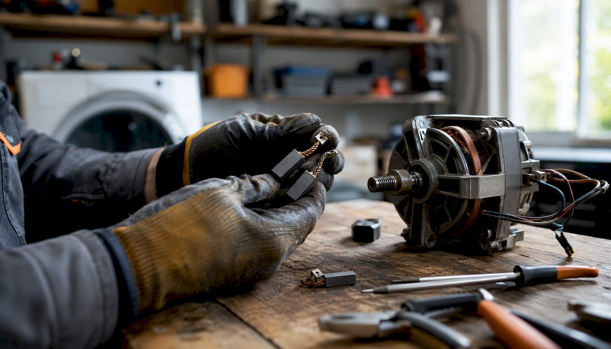 Hands inspecting washing machine motor parts