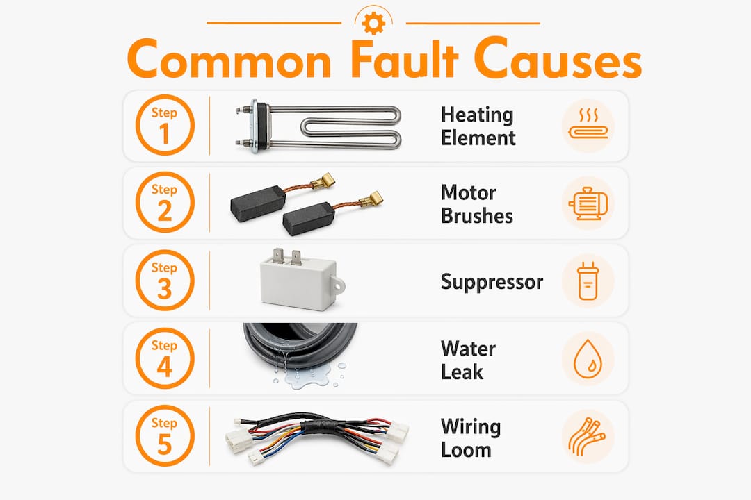Infographic showing washing machine fault diagnosis steps
