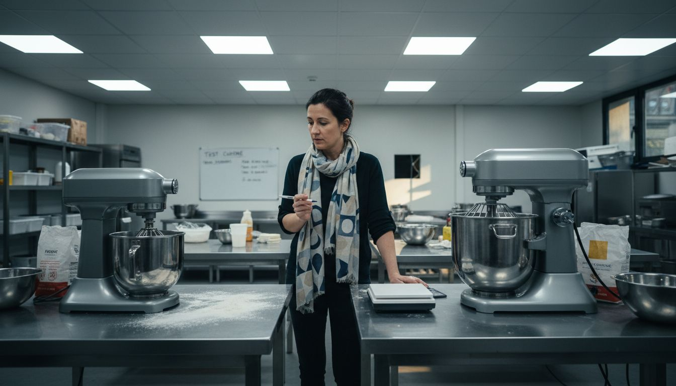 Un responsable examine les différents modèles de batteurs professionnels pour choisir celui qui conviendra le mieux à sa cuisine.