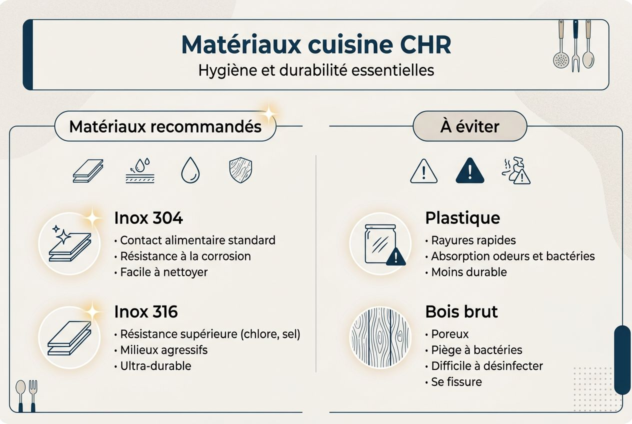 Découvrez notre infographie dédiée aux matériaux utilisés en cuisine professionnelle et leurs critères d’hygiène. Idéale pour les établissements CHR soucieux de garantir la sécurité et la propreté de leur espace culinaire.