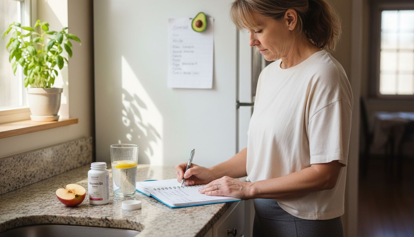 Woman journaling wellness in kitchen