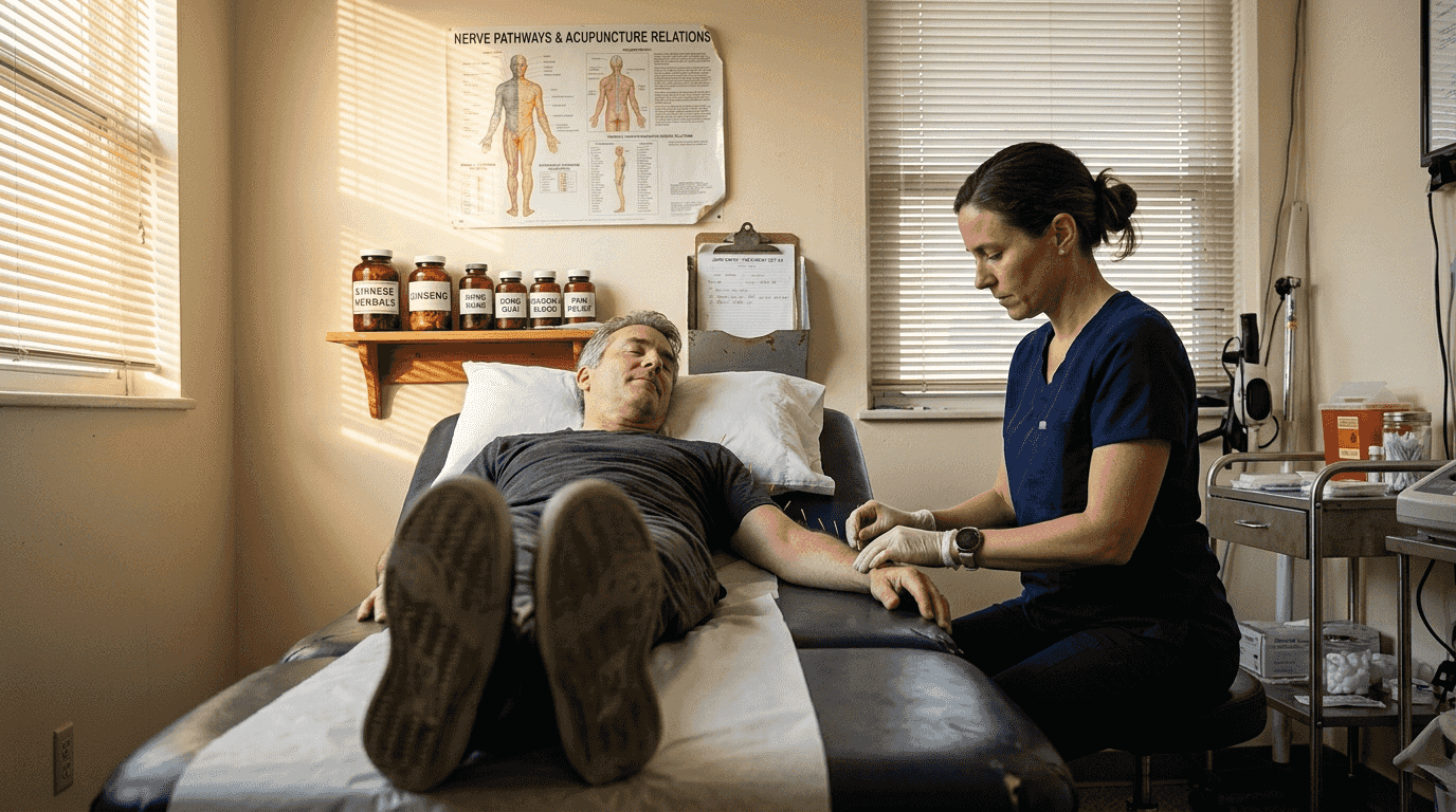Clinical acupuncture session in therapy room