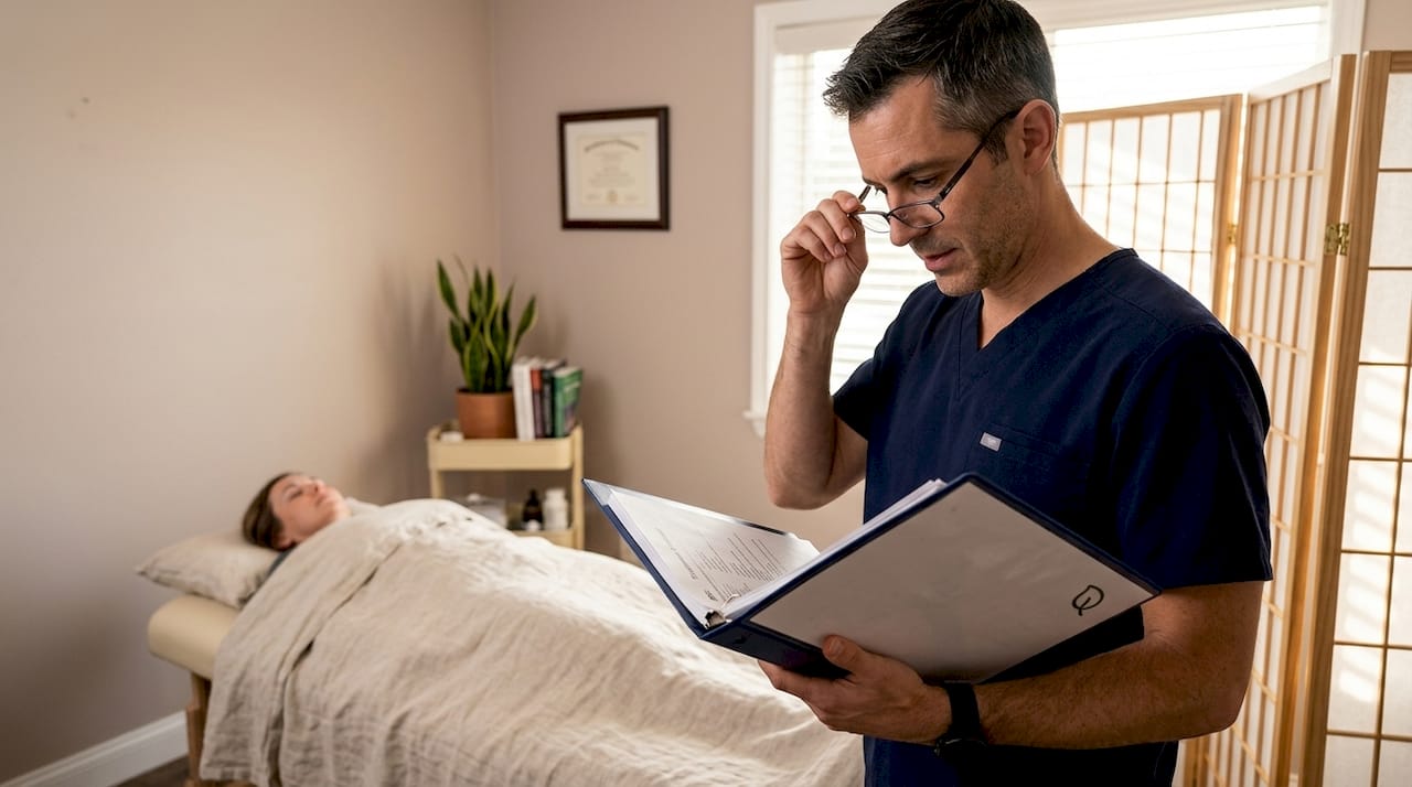 Acupuncturist reviews protocol beside patient