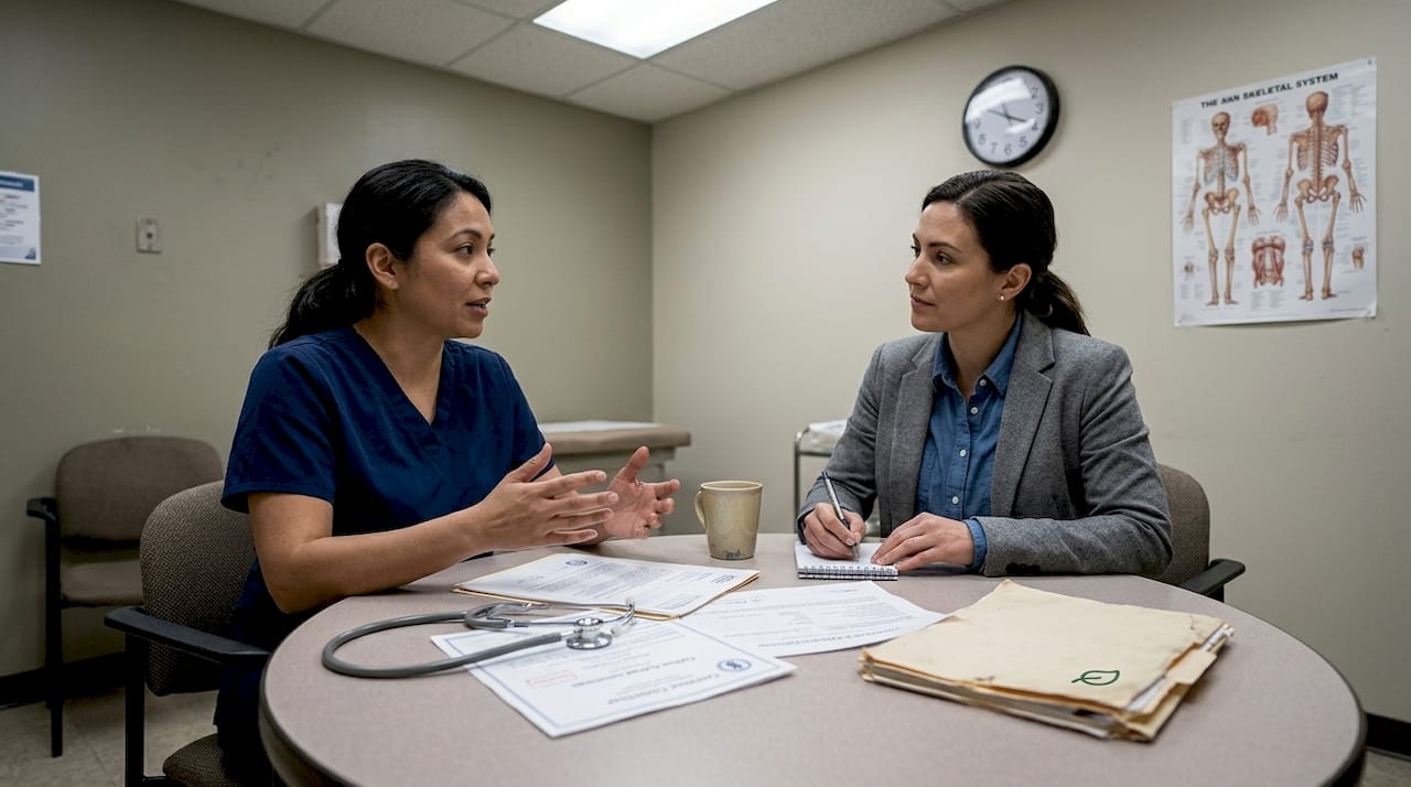 Two clinicians discuss certifications in clinic room