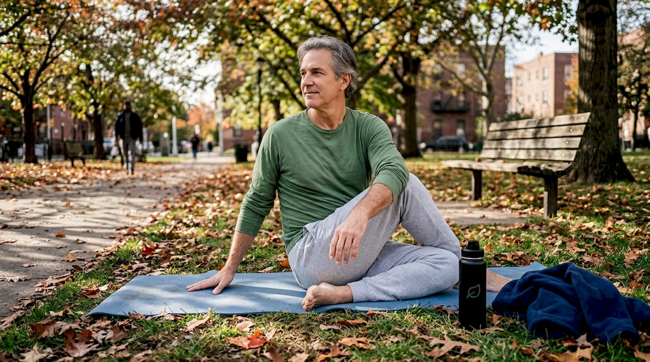 Man doing yoga in urban park setting