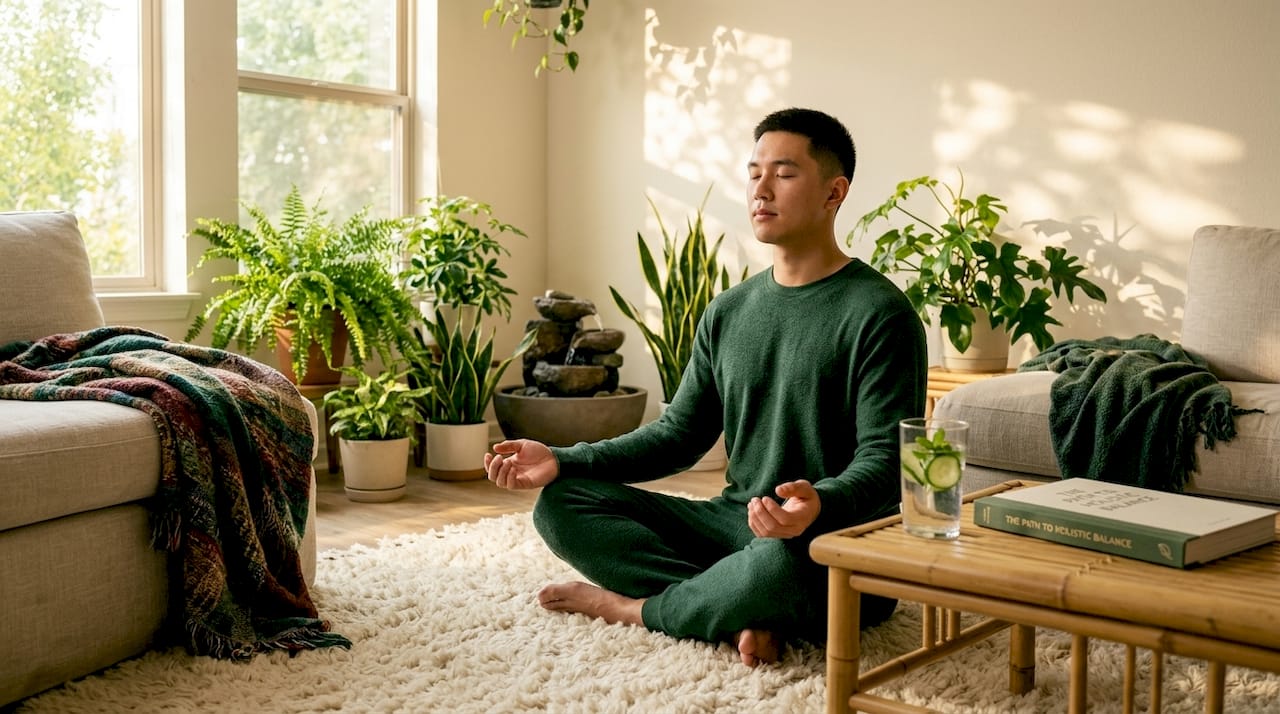 Man practicing mindful breathing at home