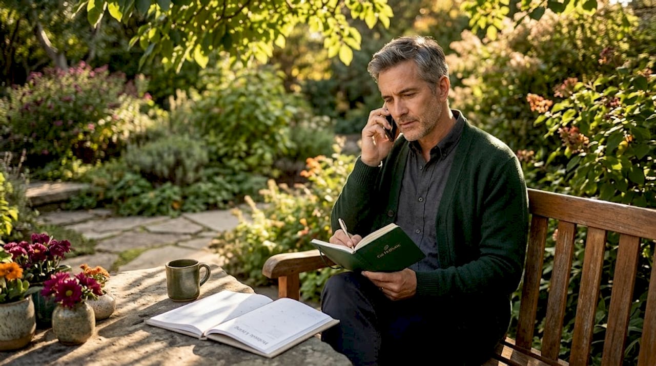 Man discussing appointment time on call with calendar