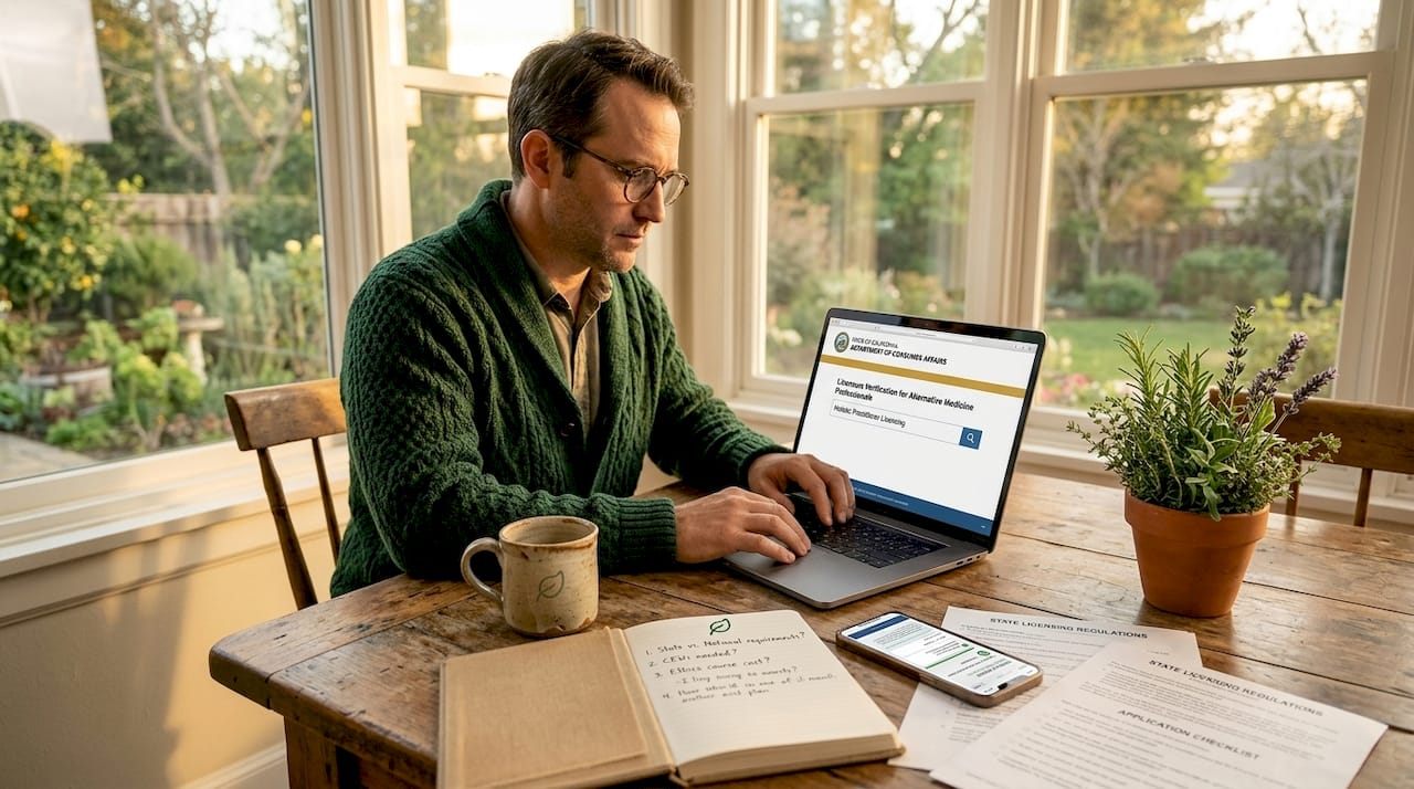 Man researching holistic practitioner credentials at kitchen table