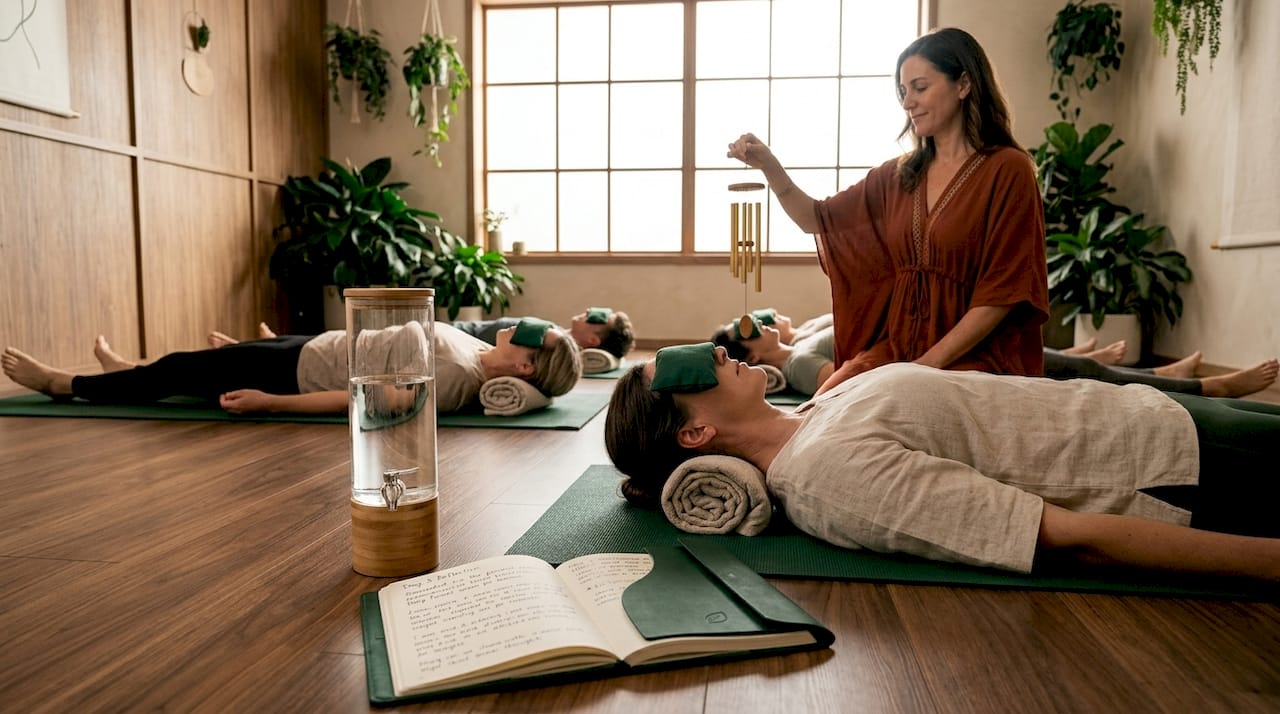 Group sound bath session in wellness studio