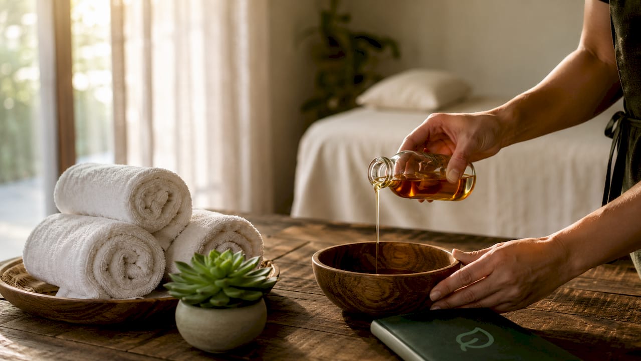 Hands warming massage oil in bowl of water