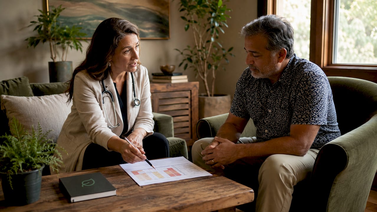 Doctor discussing screening results with patient in clinic
