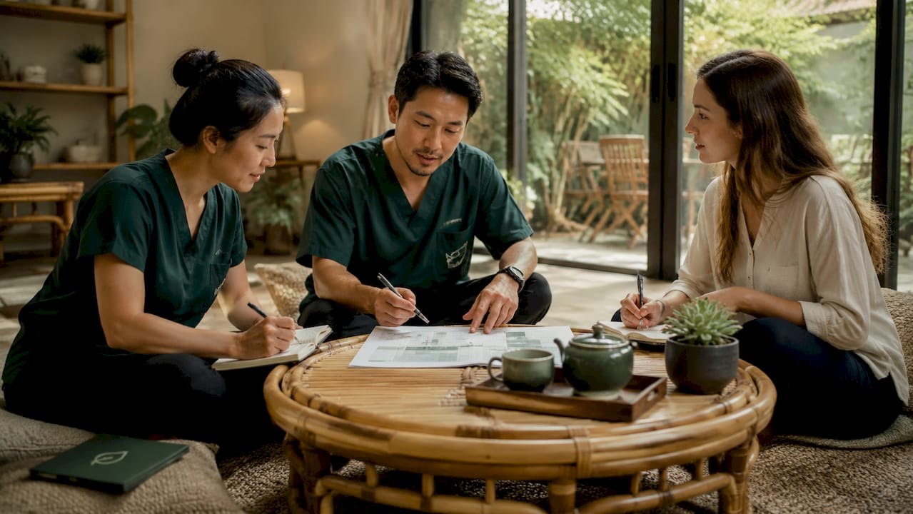 Wellness practitioners collaborating around patient care plan