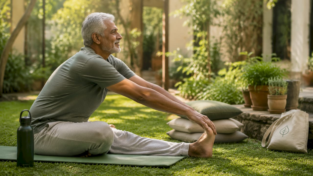 Senior man doing gentle seated stretch