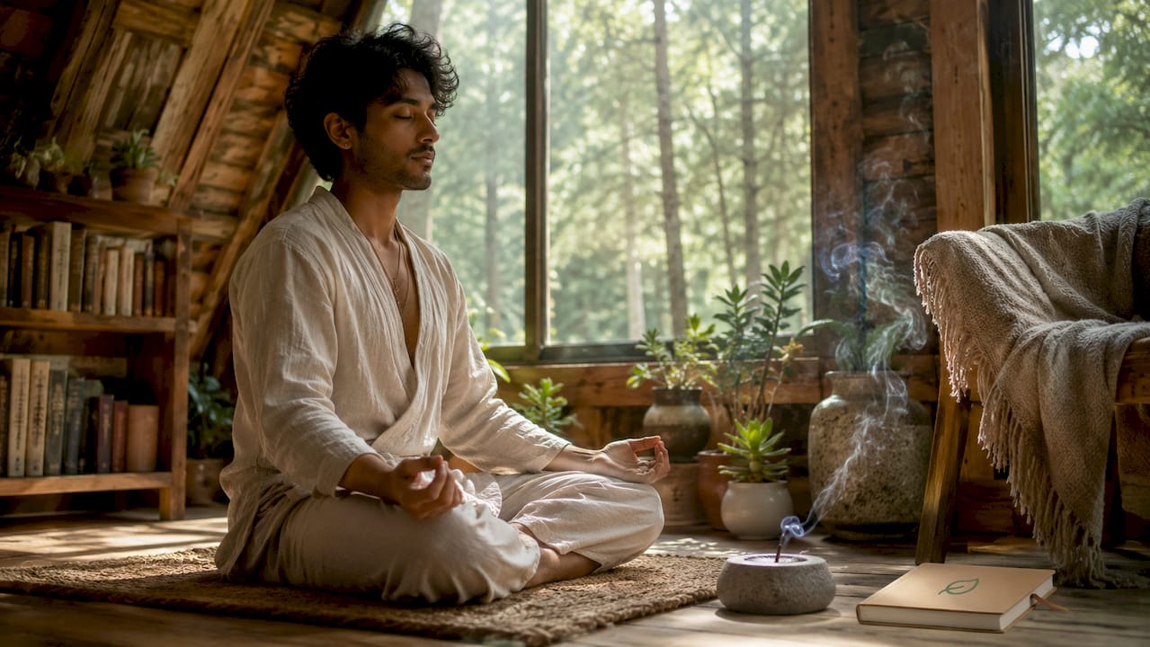 Young man meditating in urban living room