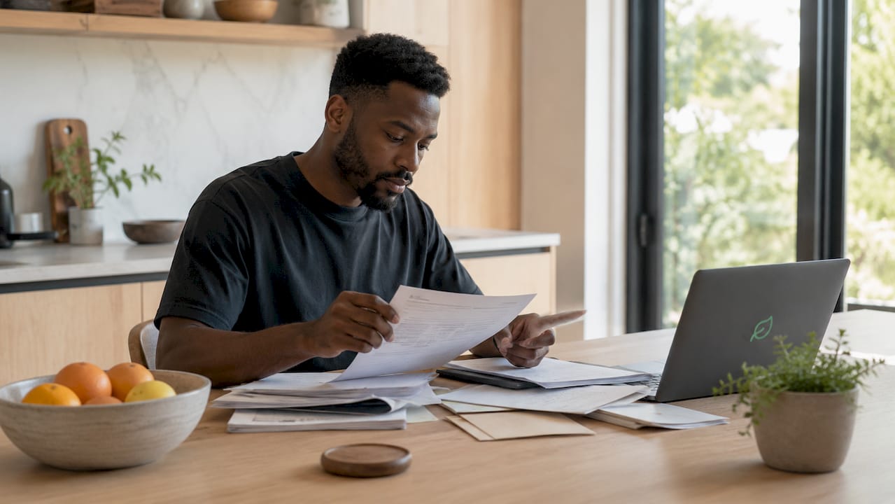 Man decluttering workspace in home office