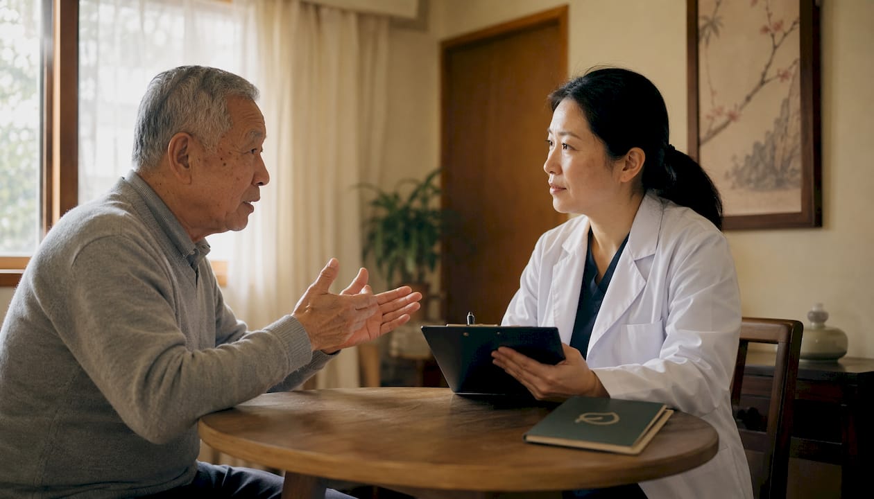 Doctor communicating with elderly Chinese patient in clinic