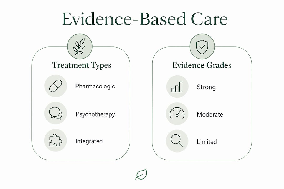 Infographic illustrating treatment types and evidence grades