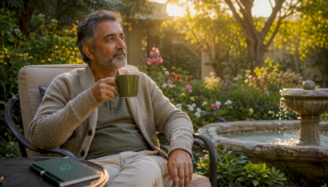 Man enjoying morning tea by window light
