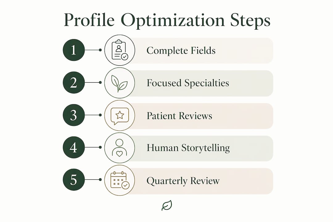 Infographic showing steps to optimize practitioner profile