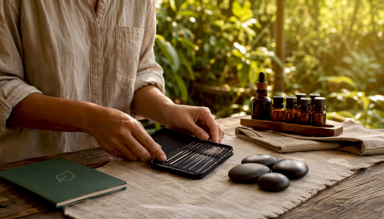 Therapist preparing holistic therapy tools