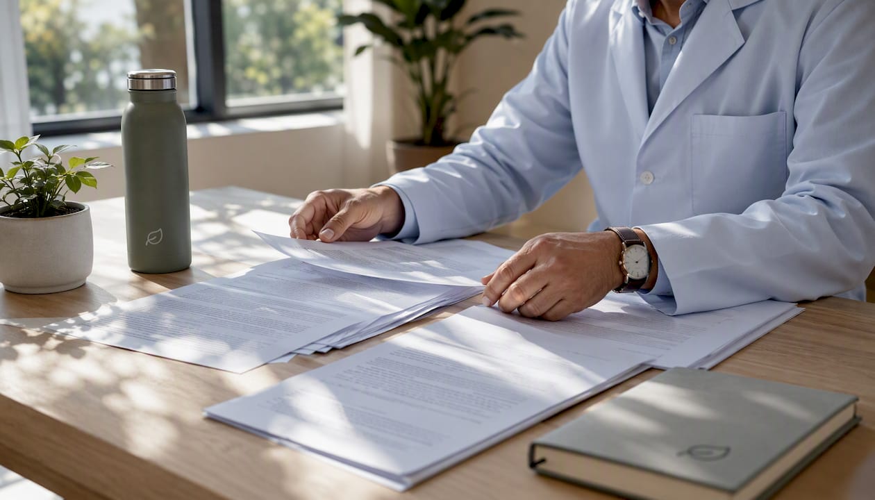 Hands sorting treatment evidence papers on table