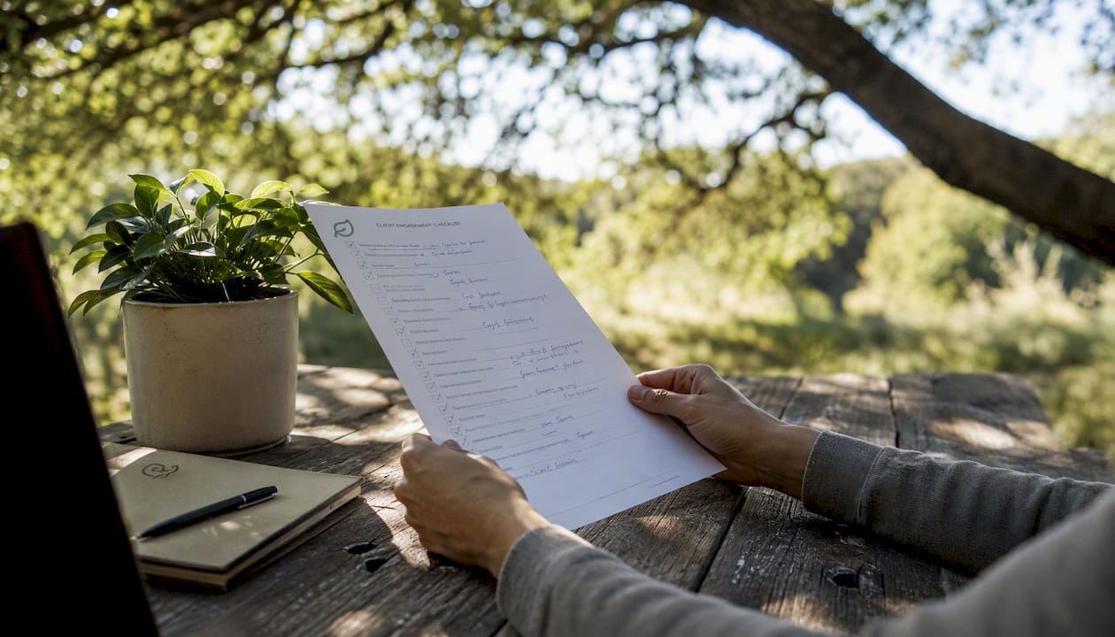 Hands reviewing client engagement checklist